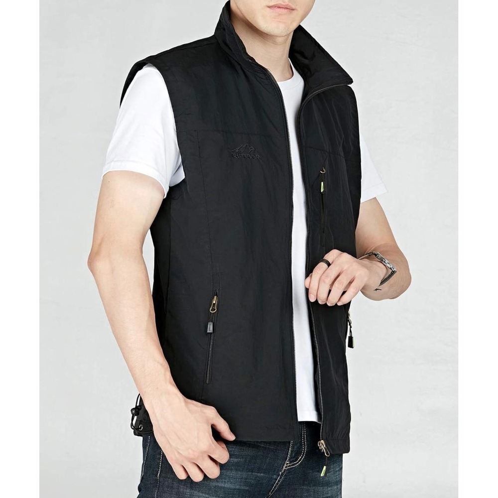 Outdoor Mens Black Lightweight Full Zip Utility Vest Hiking Fishing Jacket L